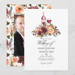 Bordo Pfirsich Blumen-Wein-Verkostungs-Hochzeitsfo Einladung