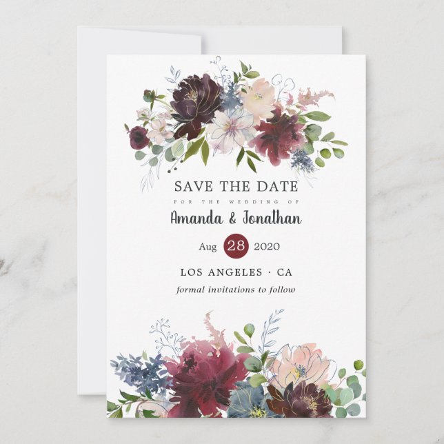 Bordo- und Navy-Floral-Hochzeitsszettel-Foto Save The Date (Vorderseite)