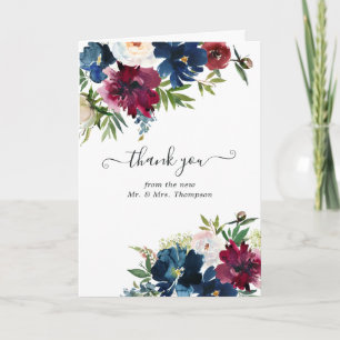 Bordo- und Navy-Watercolor-Blumen-Hochzeitsfoto Dankeskarte