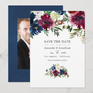 Bordo und Navy Watercolor Blumen Hochzeitsfoto Save The Date