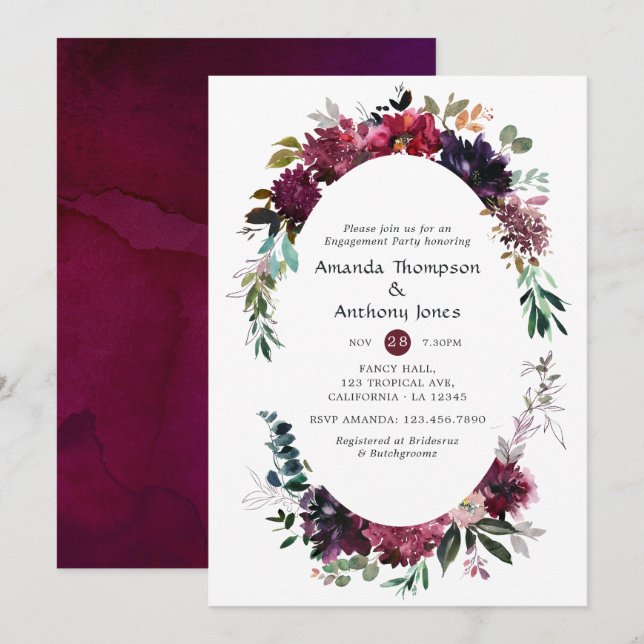 Bordo Violet Plum Floral Engagement Party Einladung (Vorne/Hinten)