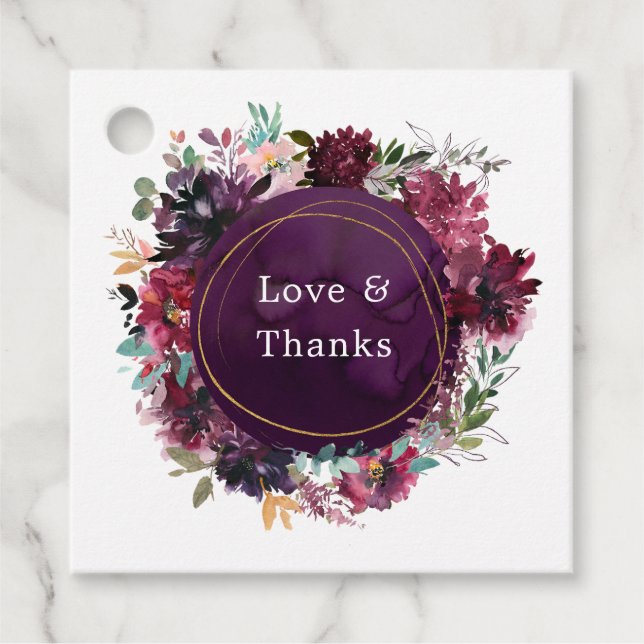Bordo Violet Plum Watercolor Floral Wedding Geschenkanhänger (Vorderseite)