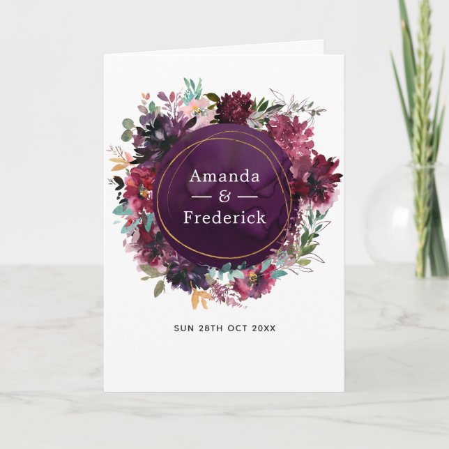 Bordo Violet Plum Watercolor Floral Wedding Programm (Vorderseite)