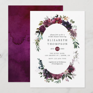 Bordo Violette Pflaumen-Aquarell-Blumen-Brautparty Einladung
