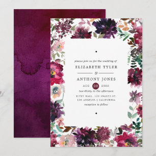 Bordo Violette Pflaumen-Aquarell-Blumenhochzeit Einladung