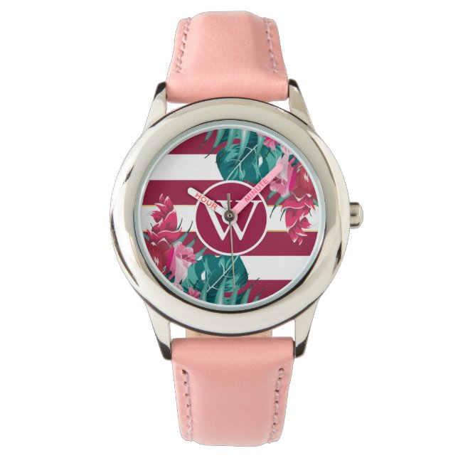 Borgundy Blume Design Monogramm gestreift Armbanduhr (Vorderseite)