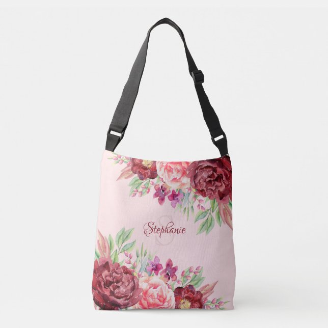 Borgundy Blush Floral Monogram Tragetaschen Mit Langen Trägern (Vorderseite)