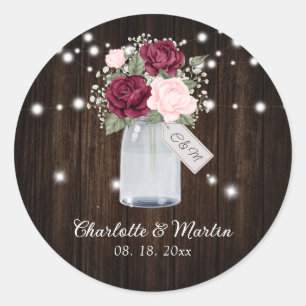 Borgundy Blush Rustic Wood Monogram Floral Wedding Runder Aufkleber