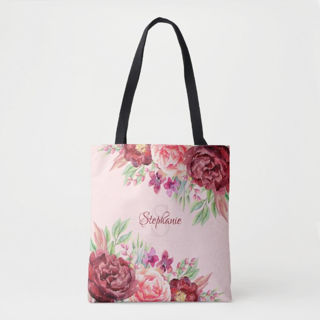 Borgundy Blush Wassercolor Floral Monogram (Vorderseite)
