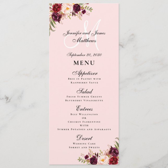 Borgundy Floral Blush Pink Script Monogram Wedding Menükarte (Vorderseite)