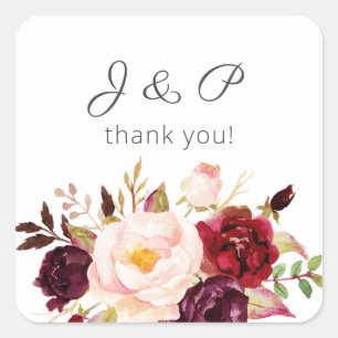 Borgundy Marsala und Blush Floral Monogram - Weiß Quadratischer Aufkleber