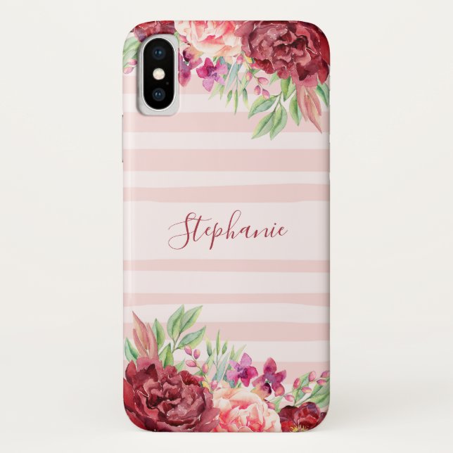 Borgundy Peach Floral Blush Streifen Monogramm Case-Mate iPhone Hülle (Rückseite)