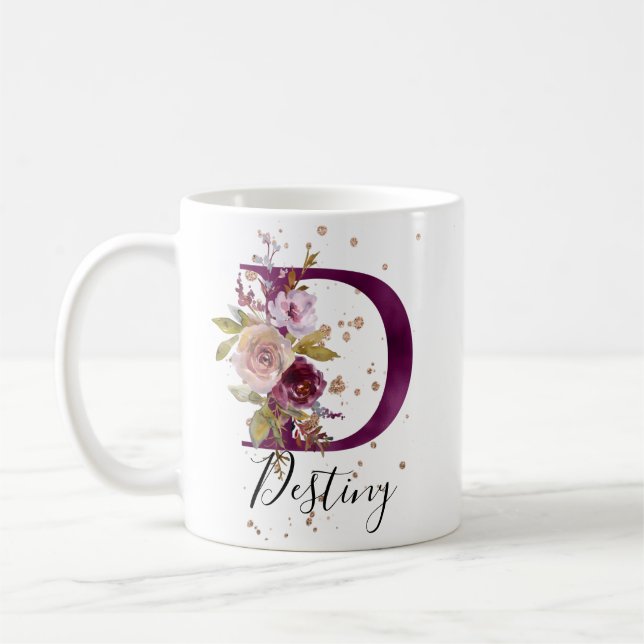 Borgundy Pink Cream Floral Letter D Monogram Kaffeetasse (Links)