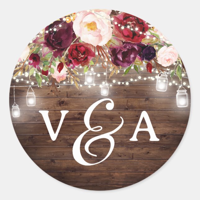 Borgundy String Lights Monogram Wedding Sticker (Vorderseite)