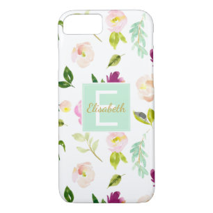 Borgundy Wine and Pink Watercolor Floral Monogram iPhone 8/7 Hülle