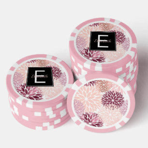 Borgundy Wine and Pink Watercolor Floral Monogram Pokerchips