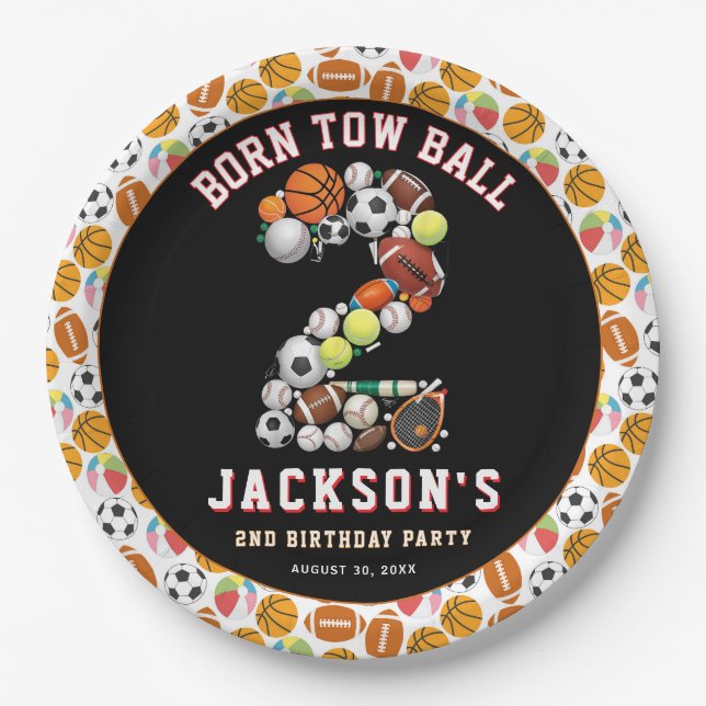 Born 2 Ball Sport Themed Boy 2nd Birthday Party Pappteller (Vorderseite)