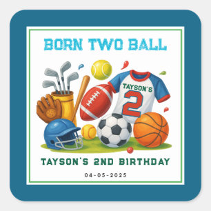 Born 2 Ball Sport-Themen-Party zum 2. Geburtstag f Quadratischer Aufkleber