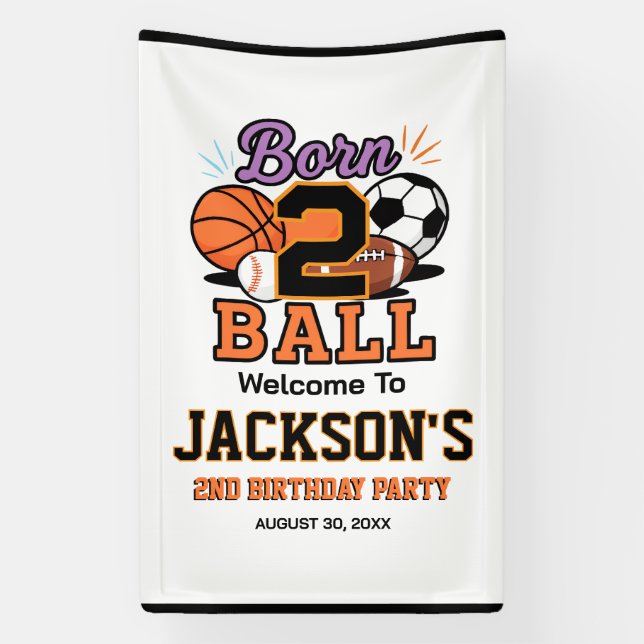 Born 2 Ball Sports-Themed Boy 2nd Birthday Party Banner (Vertikal)