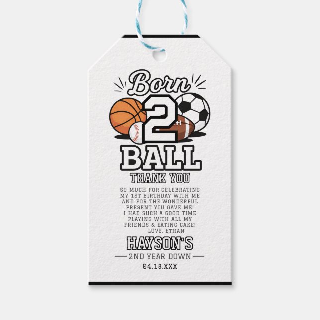 Born 2 Ball Sports Themed Boy 2nd Birthday Party Geschenkanhänger (Vorderseite)