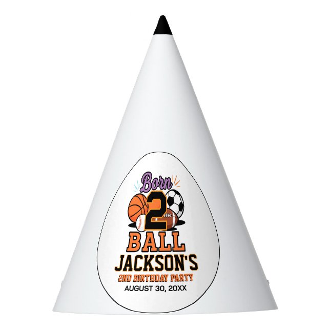 Born 2 Ball Sports-Themed Boy 2nd Birthday Party Partyhütchen (Vorderseite)