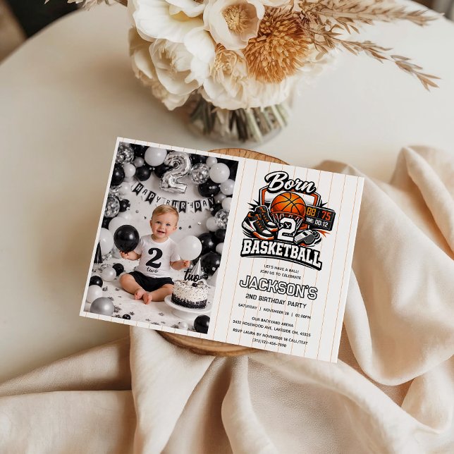 Born 2 Basketball Sports Themed Boy 2nd Birthday  Einladung ( Born 2 Basketball Sports Themed Boy 2nd Birthday photo Invitation)