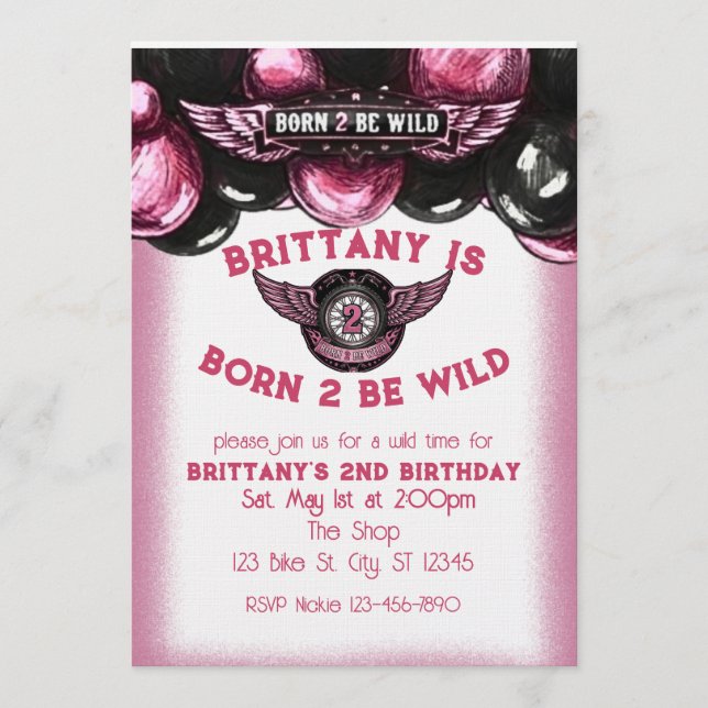 Born 2 Be Wild Pink, Black Motorcycle 2nd Birthday Einladung (Vorderseite)