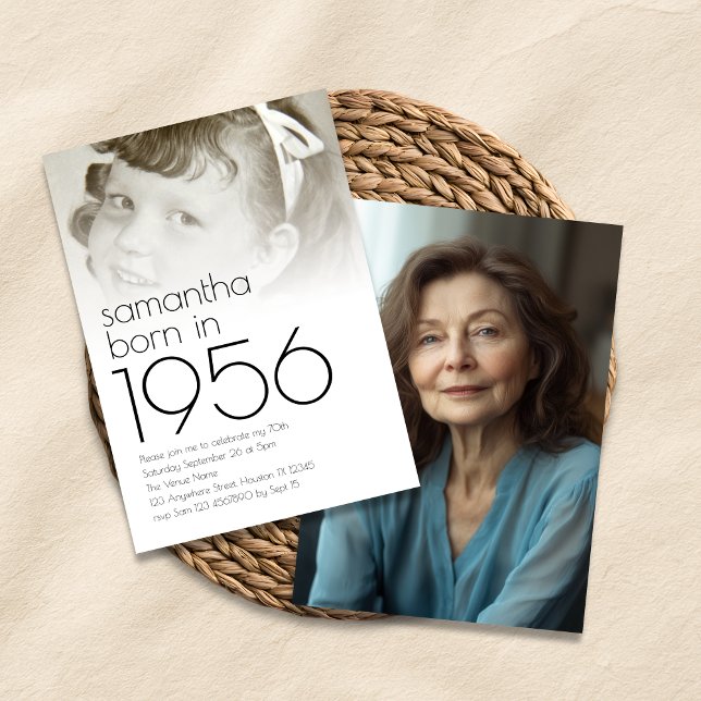 Born in 1956 Overlay 2 Photos 70th Birthday Party Einladung (Front and back view)