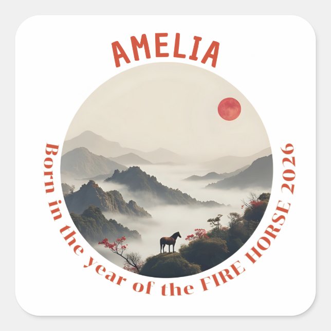 Born in Year of the Horse 2026 Chinese Mountain  Quadratischer Aufkleber (Vorderseite)