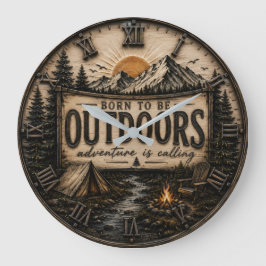 Born to Be Outdoors Rustic  Camping Mountain  Große Wanduhr