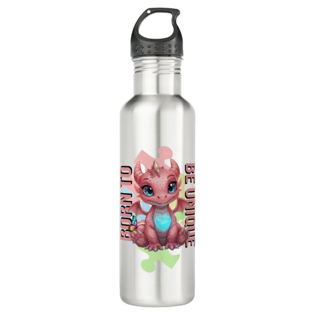 Born to Be Unique Cute Pink Dragon– Inspirational  Edelstahlflasche (Vorderseite)
