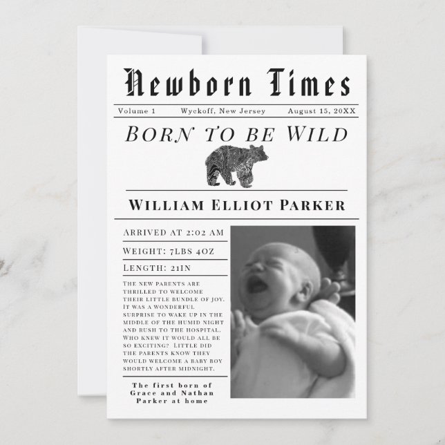 Born to be Wild Newborn Times Birth Announcement Ankündigung (Vorderseite)