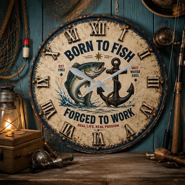 Born to Fish Forced to Work Rustic Fisherman Gift Große Wanduhr (Von Creator hochgeladen)