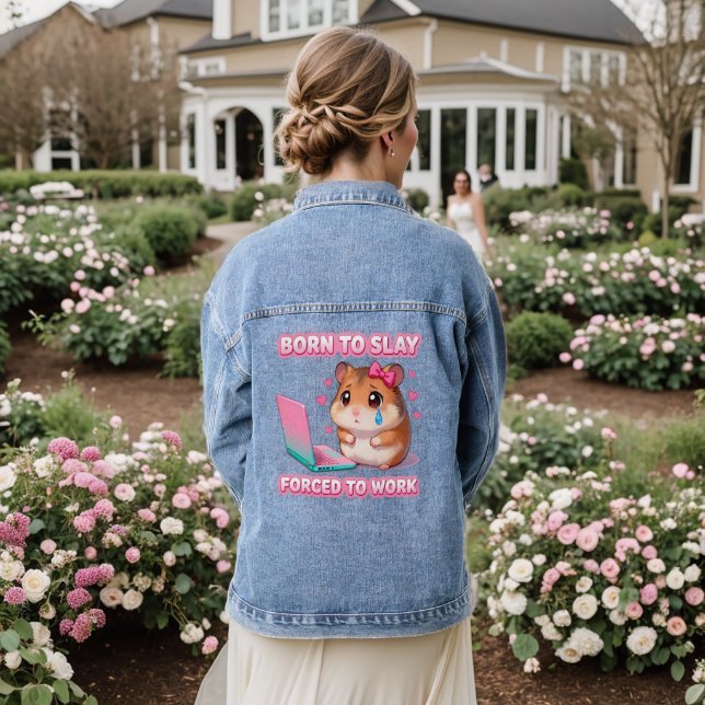 Born To Slay Forced To Work Funny Hamster Meme Jeansjacke (Hochzeit Rückseite)