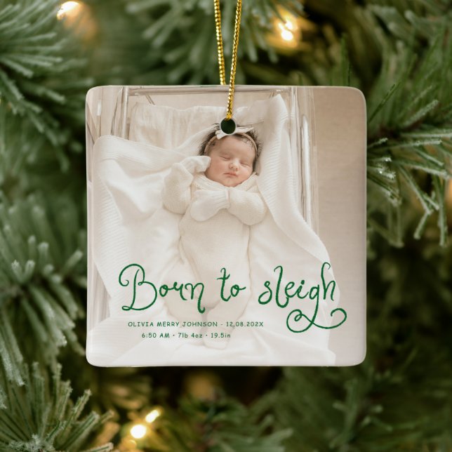 Born to Sleigh Baby Photo Birth Stats Christmas Keramikornament (Baum)