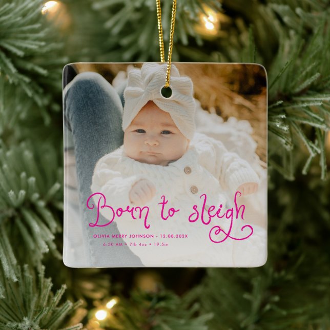 Born to Sleigh Baby Photo Birth Stats Christmas Keramikornament (Baum)