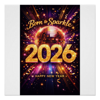 Born to Sparkle 2026 Disco-Kugel Frohes Neues Jahr Poster