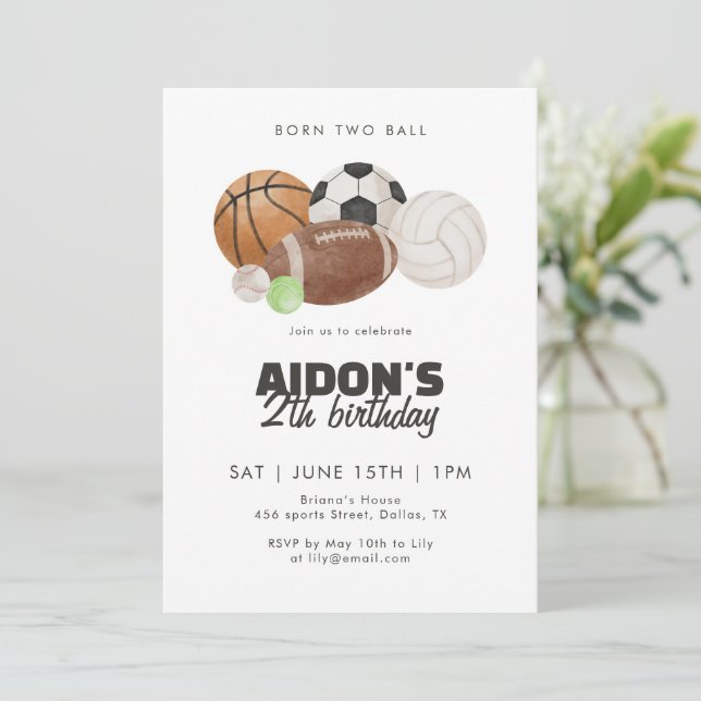 Born Two Ball Sports Balls 2nd Birthday Party Kids Einladung (Stehend Vorderseite)