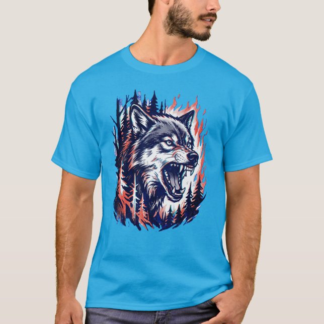 Born Wild Wolf Shirt – Fire Forest Animal Grafik  (Vorderseite)