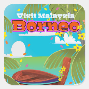 Borneo Island Reiseplakat. Quadratischer Aufkleber