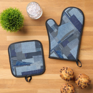 Boro Boro Blue Jean Patchwork Denim Shibori Ofenhandschuh & Topflappen-Set
