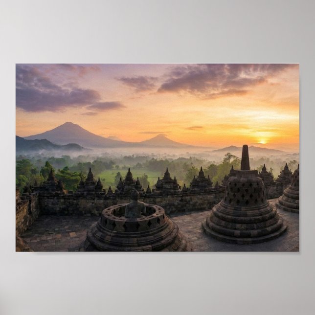 Borobudur-Tempel Java Indonesien Sonnenaufgang Wan Poster (Vorne)