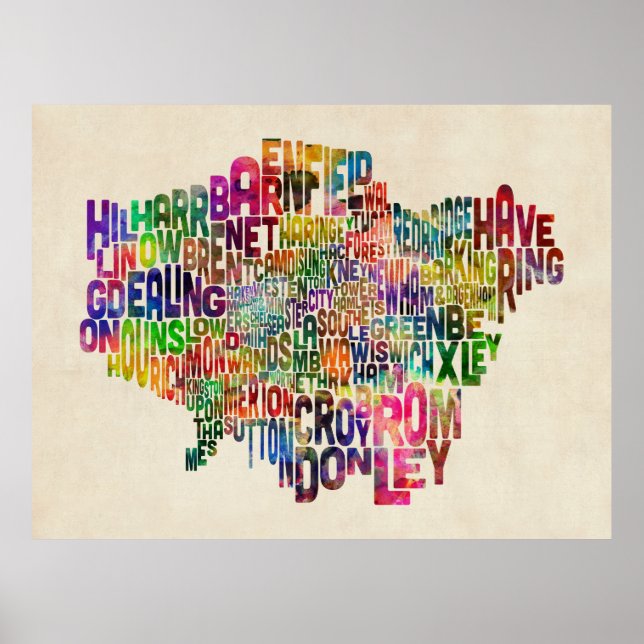 Boroughs of London Typografy Text Map Poster (Vorne)