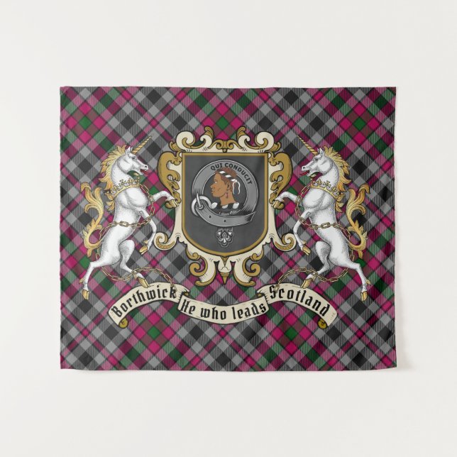 Borthwick Clan Abzeichen & Unicorns w/Tartan Wandteppich (Vorderseite (Horizontal))