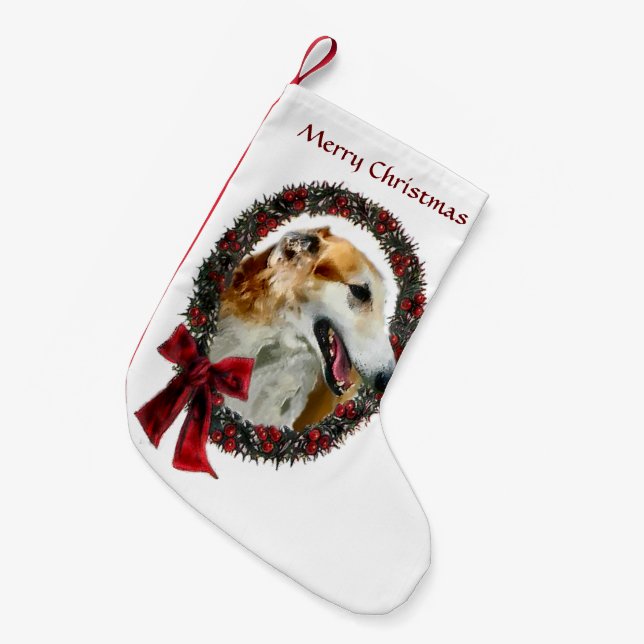 Borzoi Christmas Wreath Kleiner Weihnachtsstrumpf (Vorderansicht (hängend))