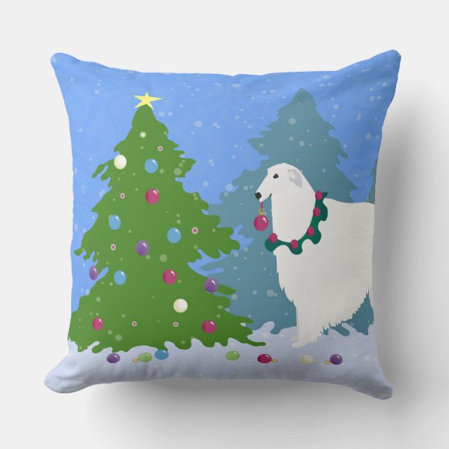 Borzoi Dekorieren des Weihnachtsbaumes im Wald Kissen (Vorderseite)