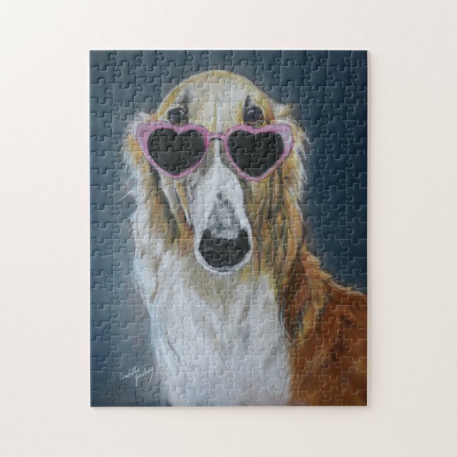 Borzoi in Heart Glasses Dog Art Puzzle (Vertikal)