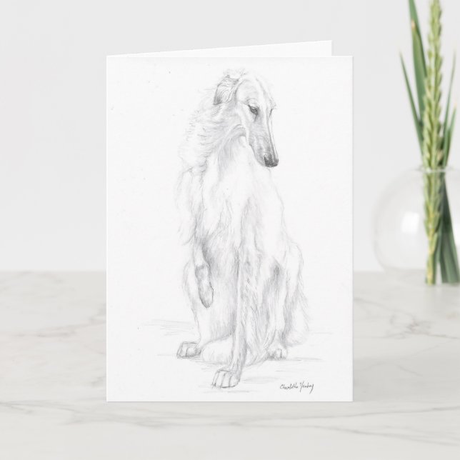 Borzoi Pencil Zeichnend Hunde Art Grußkarte Karte (Vorderseite)
