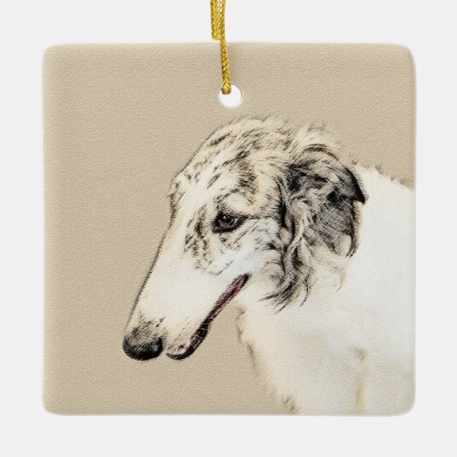Borzoi (Silber Brindle) Malerei Original Dog Art Keramikornament (Vorderseite)