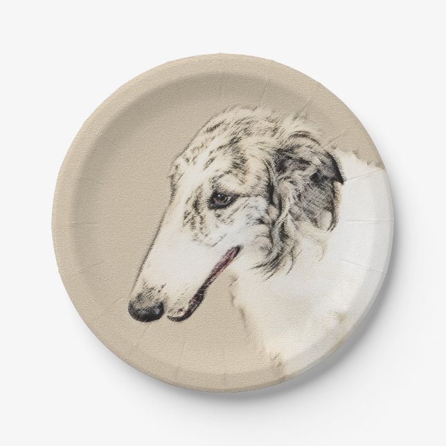 Borzoi (Silber Brindle) Malerei Original Dog Art Pappteller (Vorderseite)